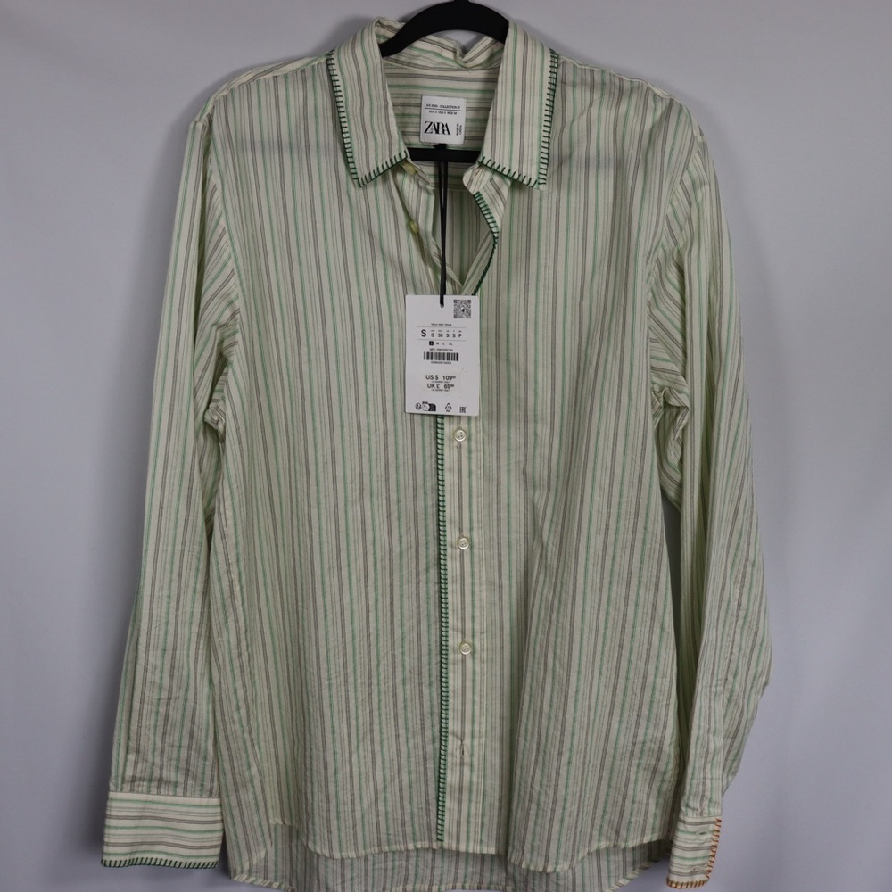 Zara Green Striped Button Up Shirt Men’s Small NWT Lightweight Casual - Picture 3 of 10